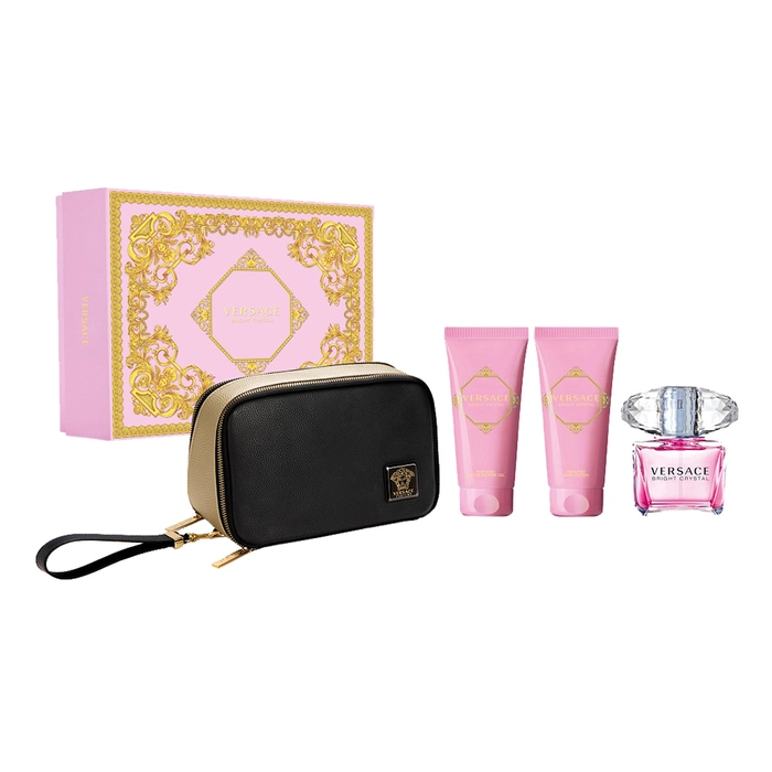 Set Versace Bright Crystal 90ml EDT + 100ml Loción Corporal + 100ml Gel de Ducha + Neceser